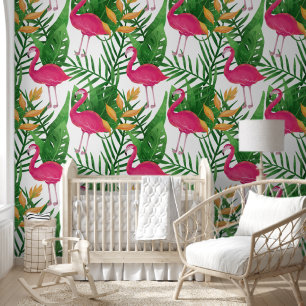 Tropical Leaves, Flowers, Pink Flamingos Pattern Wallpaper