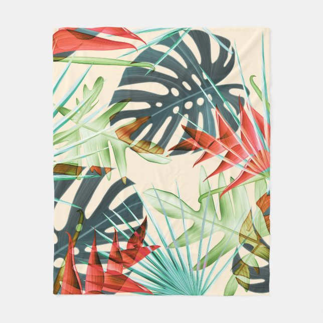 Tropical Leaves & Flowers: Vibrant Pattern Fleece Blanket (Front)