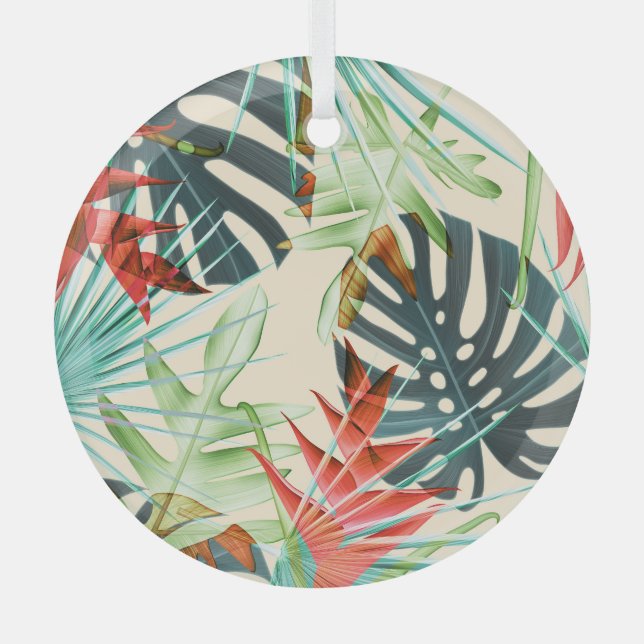 Tropical Leaves & Flowers: Vibrant Pattern Glass Tree Decoration (Front)