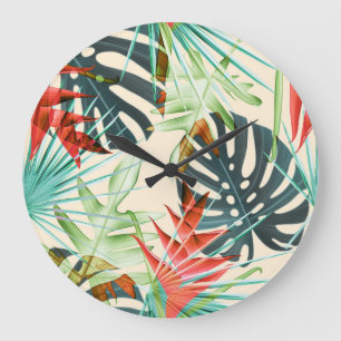 Tropical Leaves & Flowers: Vibrant Pattern Large Clock