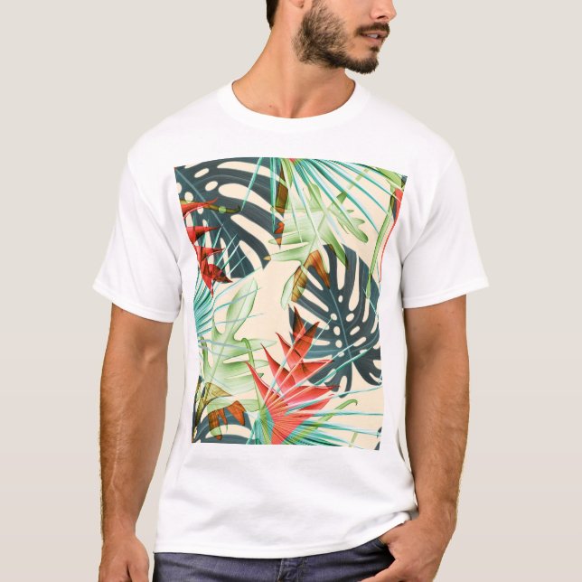Tropical Leaves & Flowers: Vibrant Pattern T-Shirt (Front)