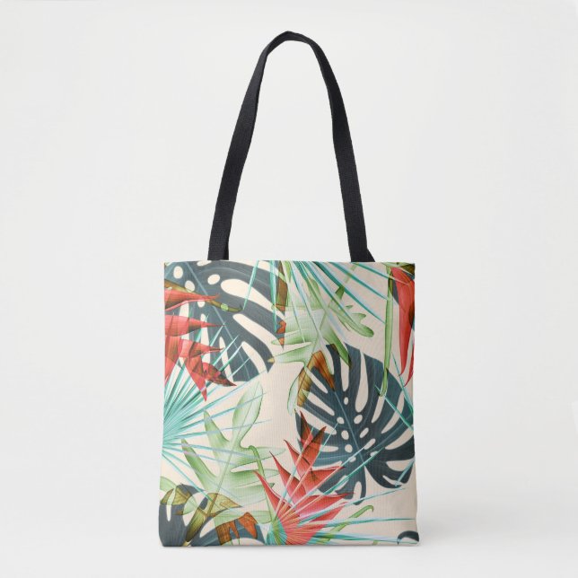 Tropical Leaves & Flowers: Vibrant Pattern Tote Bag (Front)