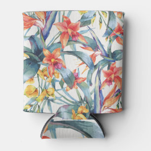 Tropical Leaves Flowers Vintage Botanical Can Cooler