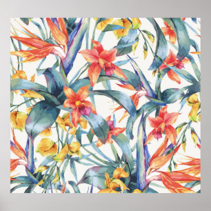Tropical Leaves Flowers Vintage Botanical Poster