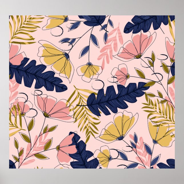 Tropical Leaves Flowers Vintage Print (Front)