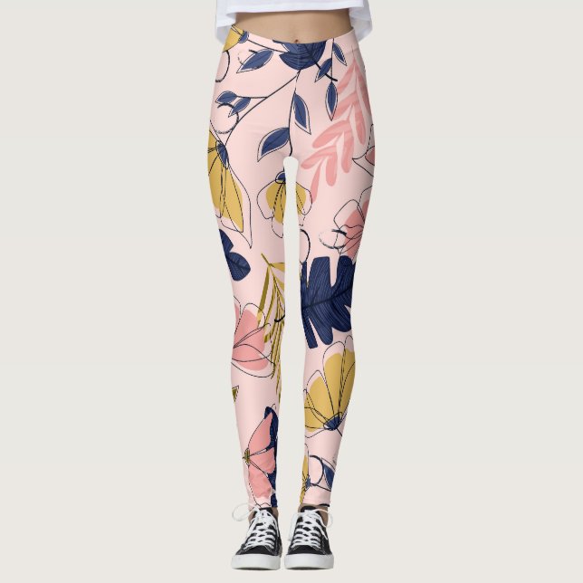 Tropical Leaves Flowers Vintage Print Leggings (Front)