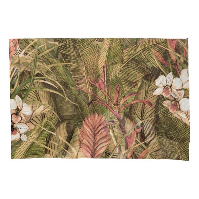 Tropical Leaves Flowers Watercolor Pattern Pillowcase (Front)