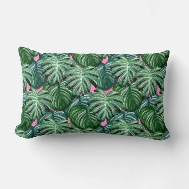 Tropical Leaves Foliage Green & Lush Lumbar Cushion (Front)