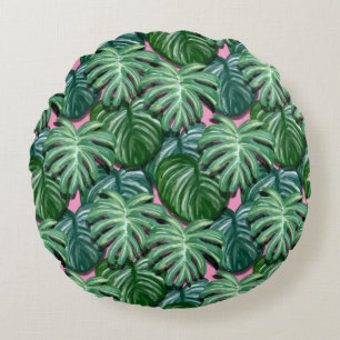 Tropical Leaves Foliage Green & Lush Round Cushion