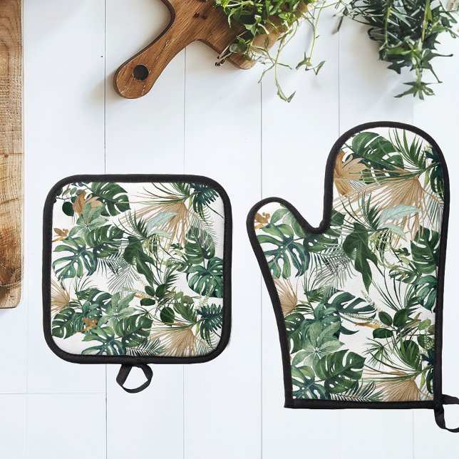 Tropical Leaves Foliage Leaf Green Oven Mitt & Pot Holder Set (Creator Uploaded)