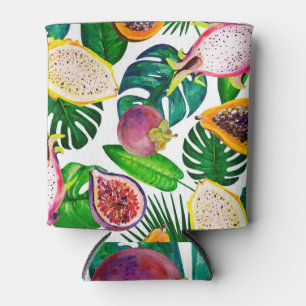 Tropical leaves, fruits, gouache seamless pattern. can cooler