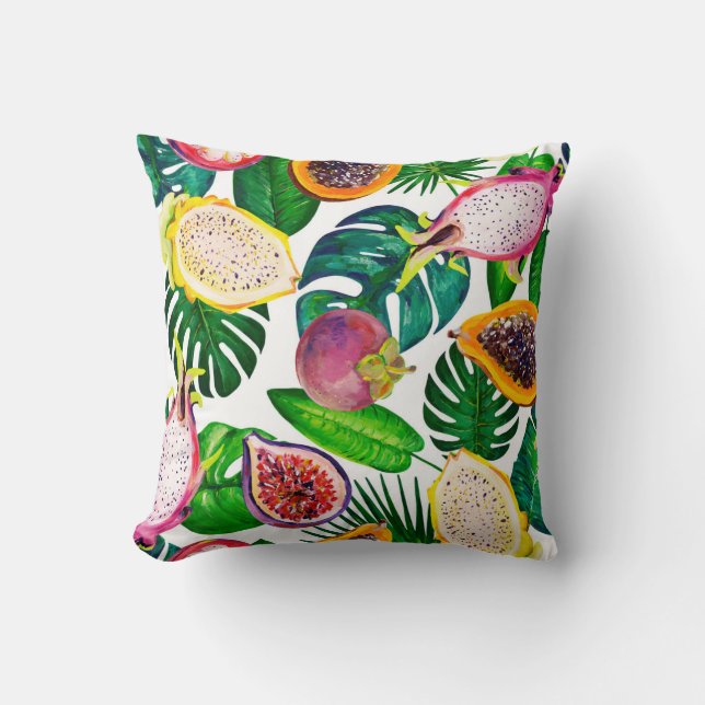 Tropical leaves, fruits, gouache seamless pattern. cushion (Front)