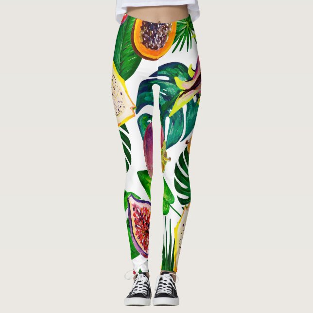 Tropical leaves, fruits, gouache seamless pattern. leggings (Front)