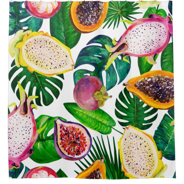Tropical leaves, fruits, gouache seamless pattern. shower curtain (Front)