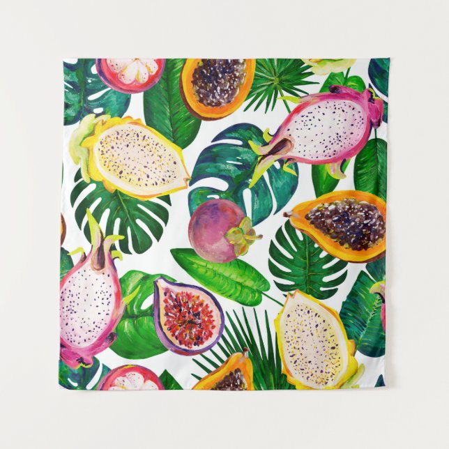 Tropical leaves, fruits, gouache seamless pattern. tapestry (Front)