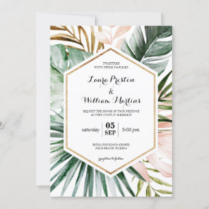 Tropical Leaves Geometric Glitter Frame Wedding Invitation
