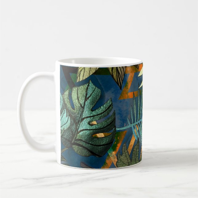 Tropical leaves, geometric shapes pattern coffee mug (Left)