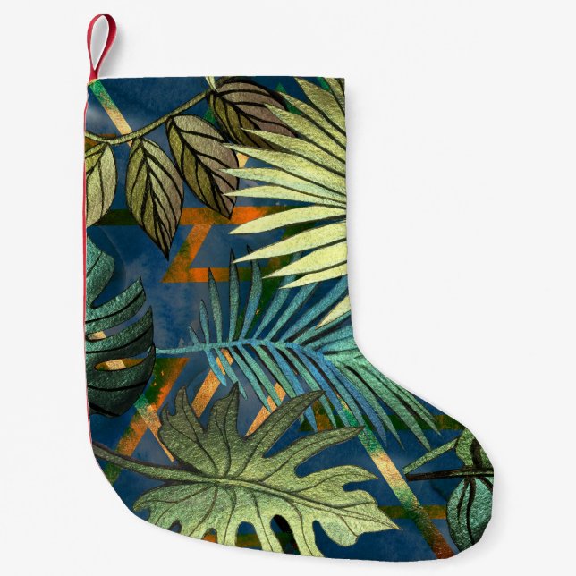 Tropical leaves, geometric shapes pattern small christmas stocking (Front)