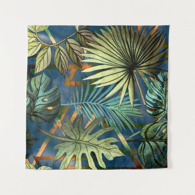 Tropical leaves, geometric shapes pattern tapestry (Front)