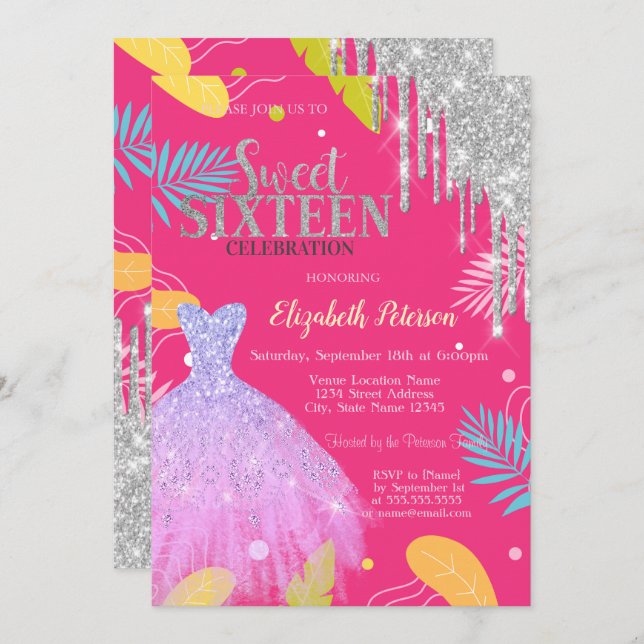 Tropical Leaves Glitter Dress Pink Sweet 16 Invitation (Front/Back)