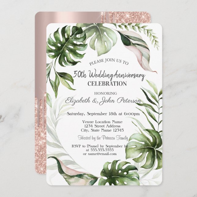 Tropical Leaves Glitter Drips Wedding Anniversary Invitation (Front/Back)