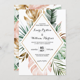 Tropical Leaves Glitter Geometric Frame Wedding Invitation