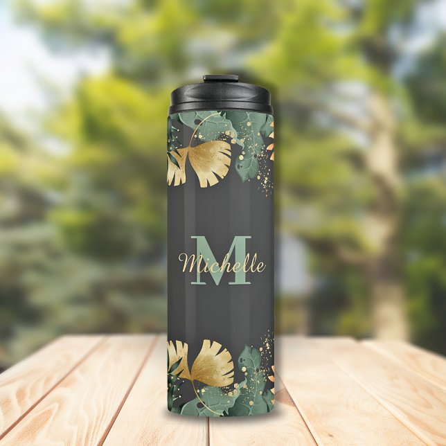 Tropical Leaves Glitter Monogram Thermal Tumbler (Tropical Leaves Jungle Botanical Gold Glitter Splatter Personalized Initial Monogram & Script Name)