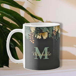 Tropical Leaves Glitter Monogram Thermal Tumbler Coffee Mug