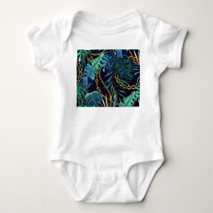 Tropical leaves, gold chains, seamless. baby bodysuit