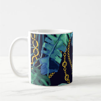 Tropical leaves, gold chains, seamless. coffee mug