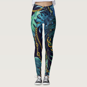 Tropical leaves, gold chains, seamless. leggings