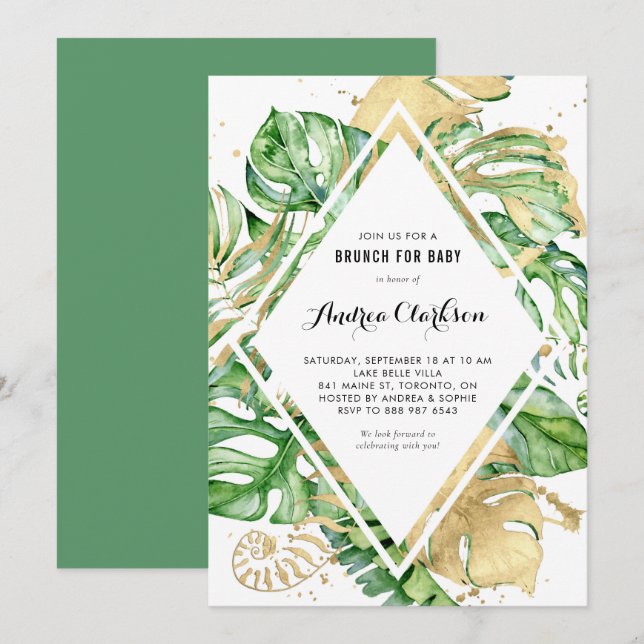 Tropical Leaves Gold Foil Summer Brunch for Baby Invitation (Front/Back)