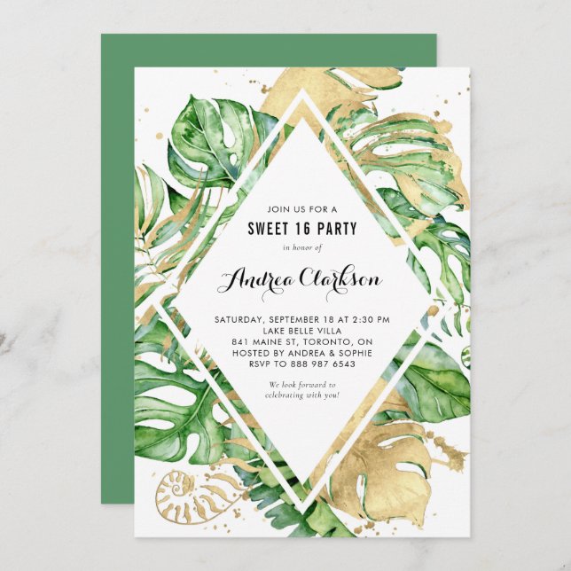 Tropical Leaves Gold Foil Summer Sweet 16 Party Invitation (Front/Back)