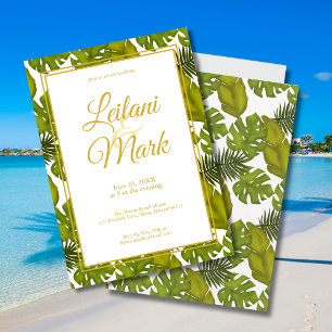 Tropical Leaves Gold Framed Destination Wedding Invitation