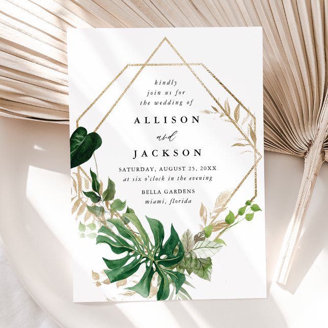 Tropical Leaves Gold Geometric Frame Wedding Invitation (Creator Uploaded)