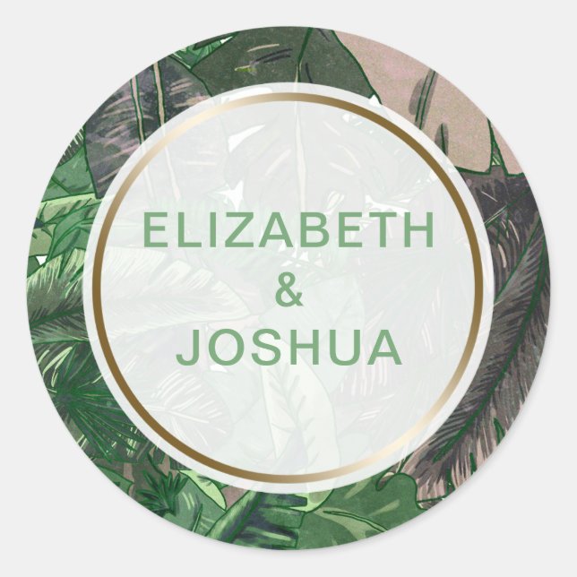 tropical leaves gold  greenery botanical wedding classic round sticker (Front)