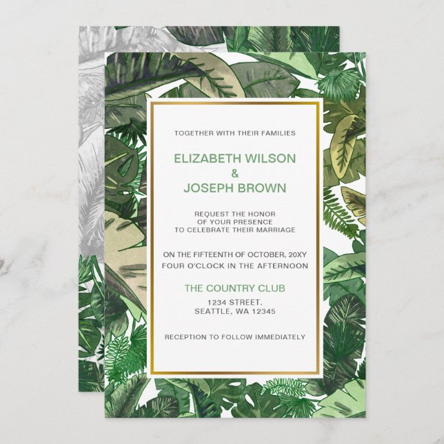 tropical leaves gold  greenery botanical wedding invitation (Front/Back)