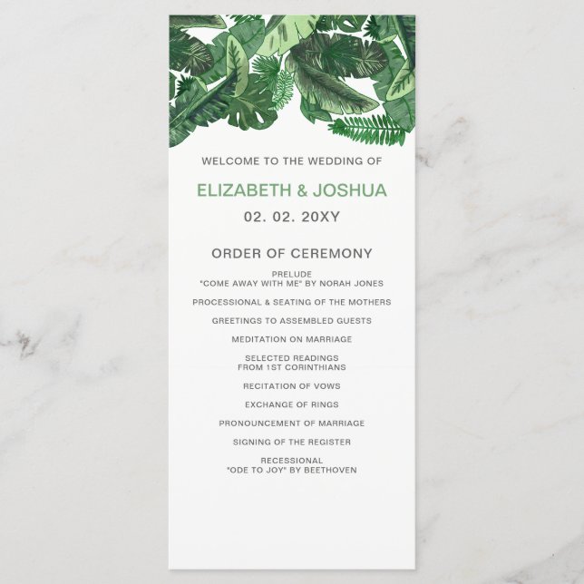 tropical leaves gold  greenery botanical wedding program (Front)