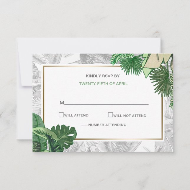 tropical leaves gold  greenery wedding RSVP card (Front)