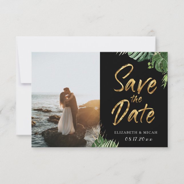 Tropical Leaves Gold Script Save The Date Photo Announcement (Front)