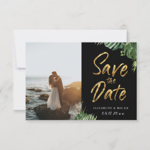Tropical Leaves Gold Script Save The Date Photo Announcement