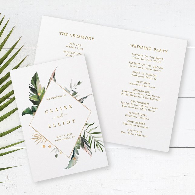 Tropical Leaves Gold Wedding Ceremony Program (Front & Inside)