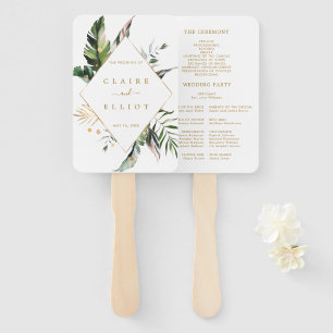 Tropical Leaves Gold Wedding Ceremony Program Hand Fan