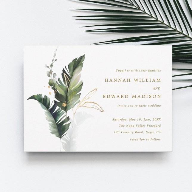 Tropical Leaves Gold Wedding Invitation (Creator Uploaded)