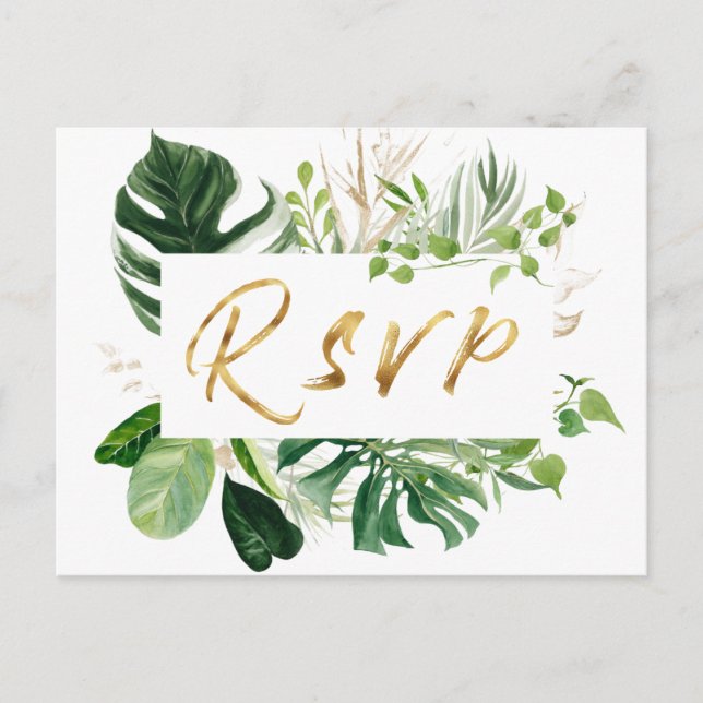 Tropical Leaves Golden Wedding Song Request RSVP Invitation Postcard (Front)