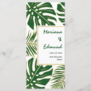 Tropical leaves green and gold wedding menu card