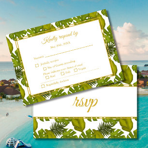 Tropical Leaves Green and Gold Wedding RSVP Card