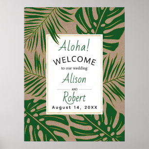 Tropical leaves green and gold wedding welcome poster