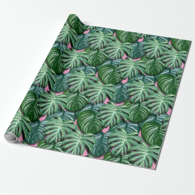 Tropical Leaves Green and Pink Wrapping Paper (Unrolled)