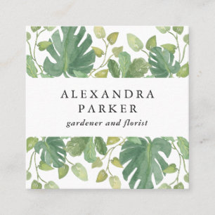 Tropical Leaves Green and White Square Business Card
